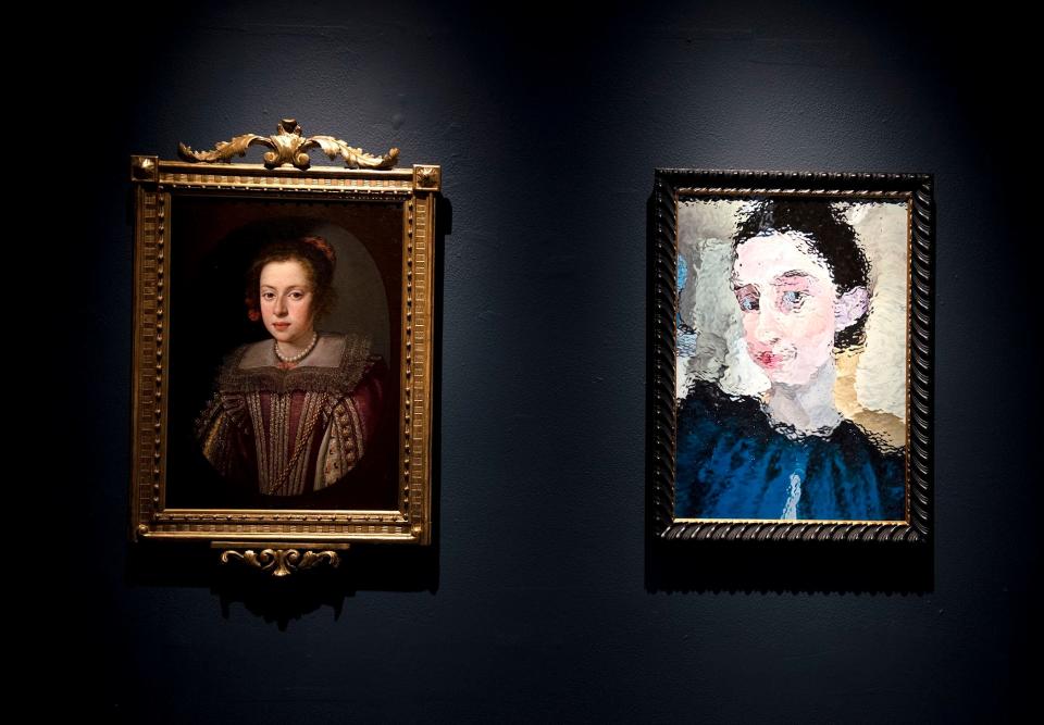 At left: Portrait of Claudia de' Medici (c. 1650) by Justus Sustermans. At right: A portrait by Cuban artist Diango Hernandez, both on view at Frascione Gallery in Via Amore.