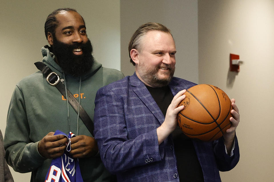 CAMDEN, NEW JERSEY - FEBRUARY 15: James Harden #1 (L) and president of basketball operations Daryl Morey of the Philadelphia 76ers look on during a press conference at the Seventy Sixers Practice Facility on February 15, 2022 in Camden, New Jersey. (Photo by Tim Nwachukwu/Getty Images) NOTE TO USER: User expressly acknowledges and agrees that, by downloading and or using this photograph, User is consenting to the terms and conditions of the Getty Images License Agreement.