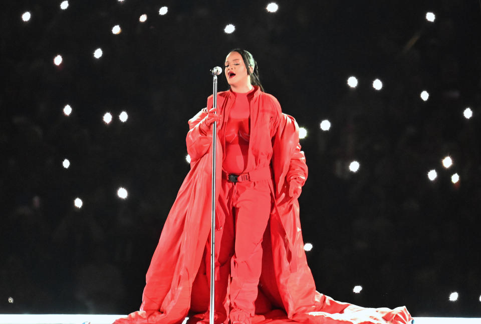 GLENDALE, AZ – FEBRUARY 12: Rihanna performs during the Apple Music Super Bowl LVII Halftime Show at State Farm Stadium on February 12, 2023 in Glendale, Arizona. (Photo by Focus on Sport/Getty Images)