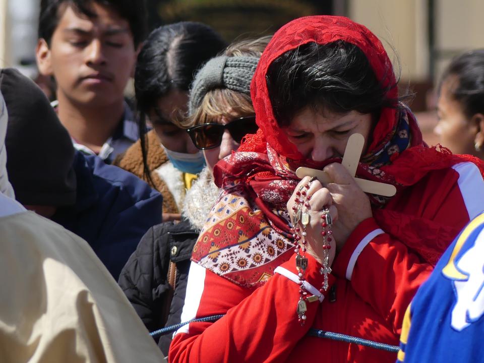 Good Friday worshippers braved the wind and cold outside of St. Joan of Arc Catholic Church in Victorville to observe and participate in a live presentation of Stations of the Cross.