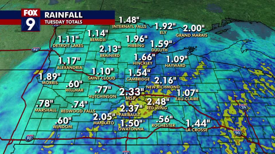 <div>Rain totals from Tuesday's storm in Minnesota.</div> <strong>(FOX 9)</strong>