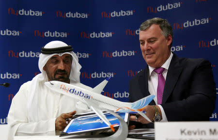 Flydubai and Emirates Chairman Sheikh Ahmed bin Saeed al-Maktoum and Boeing Commercial Airplanes President & Chief Executive Kevin McAllister attend a news conference at the Dubai Airshow in Dubai, UAE November 15, 2017. REUTERS/Satish Kumar