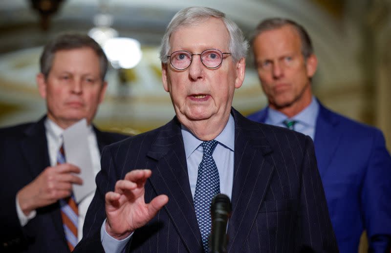 Senate leaders speak to reporters after their weekly party caucus luncheons at the U.S. Capitol in Washington