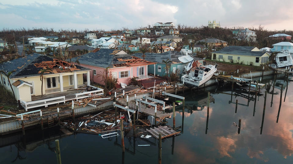 Destruction caused by Hurricane Dorian is seen from the air, at Abaco Beach Resort in Marsh Harbor, Abaco Island, Bahamas, Saturday, Sept. 7, 2019. The Bahamian health ministry said helicopters and boats are on the way to help people in affected areas, though officials warned of delays because of severe flooding and limited access. (AP Photo/Gonzalo Gaudenzi)