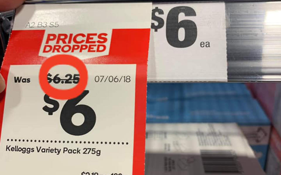 A Woolworths customer has criticised the stores approach to specials price tags. Source: Facebook