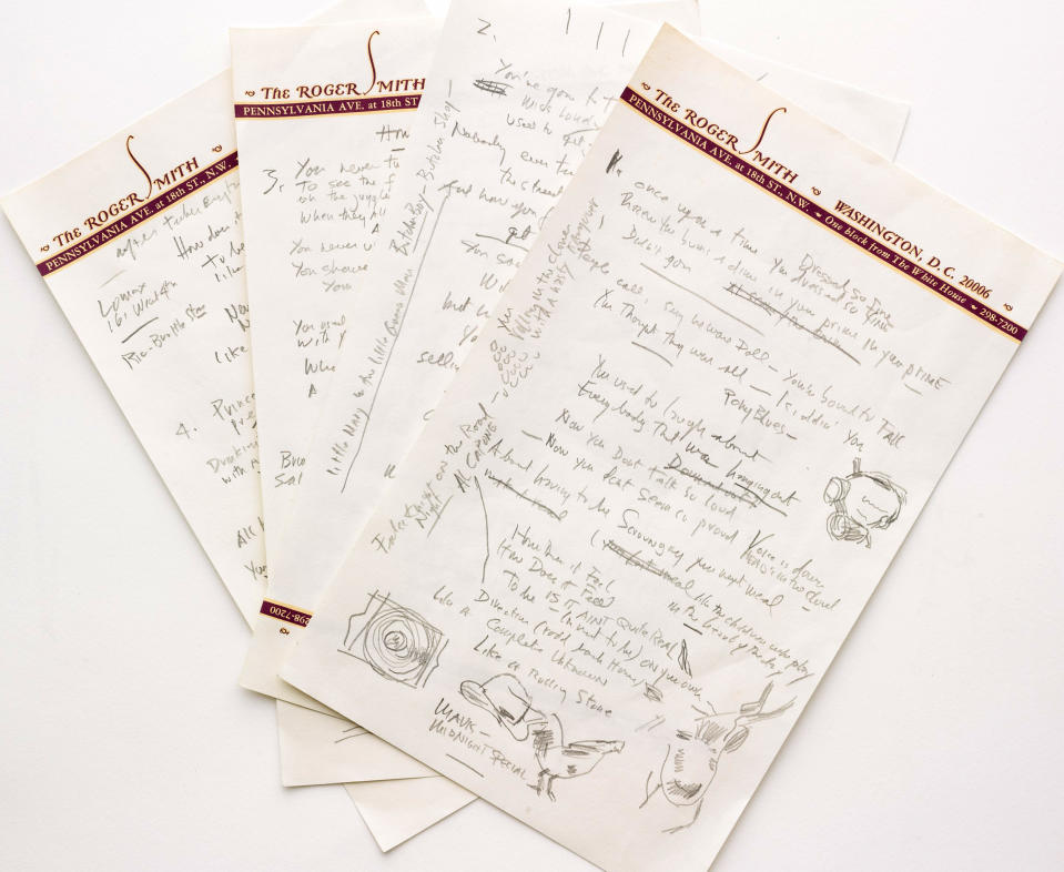This undated photo provided by Sotheby’s shows a working draft of Bob Dylan’s “Like a Rolling Stone,” one of the most popular songs of all time. The draft, in Dylan’s own hand, is coming to auction in New York on June 24, 2014 where it could fetch an estimated $1 million to $2 million. Sotheby’s says it is “the only known surviving draft of the final lyrics for this transformative rock anthem.” (AP Photo/Sotheby’s)