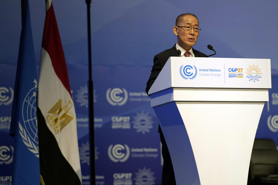 Dr. Hoesung Lee, chair of the IPCC (Intergovernmental Panel on Climate Change), speaks at the COP27 U.N. Climate Summit, Sunday, Nov. 6, 2022, in Sharm el-Sheikh, Egypt. (AP Photo/Peter Dejong)