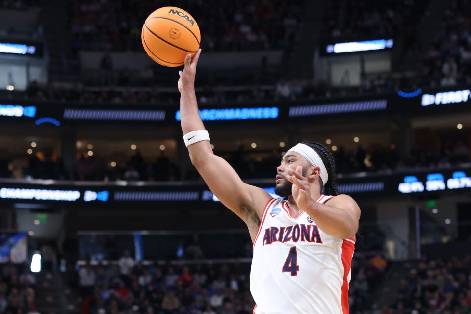 Arizona Wildcats guard Kylan Boswell (4) shoots the ball during the first half against Arizona Wildcats in the first round of the 2024 NCAA Tournament at Vivint Smart Home Arena-Delta Center in Salt Lake City on March 21, 2024.