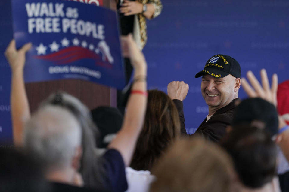 Pennsylvania Republican gubernatorial candidate Doug Mastriano gestures during a campaign event at Crossing Vineyards and Winery in Newtown, Pa., Monday, Nov. 7, 2022. (AP Photo/Carolyn Kaster)