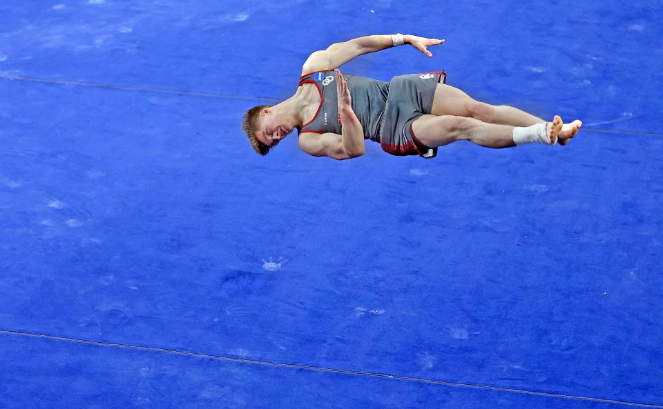 Oklahoma's Jack Freeman competes in the floor exercise during the University of Oklahoma Sooner men's gymnastic meet with Ohio State and Arizona State at McCasland Field House in Norman, Okla., Saturday, Feb. 3, 2024.