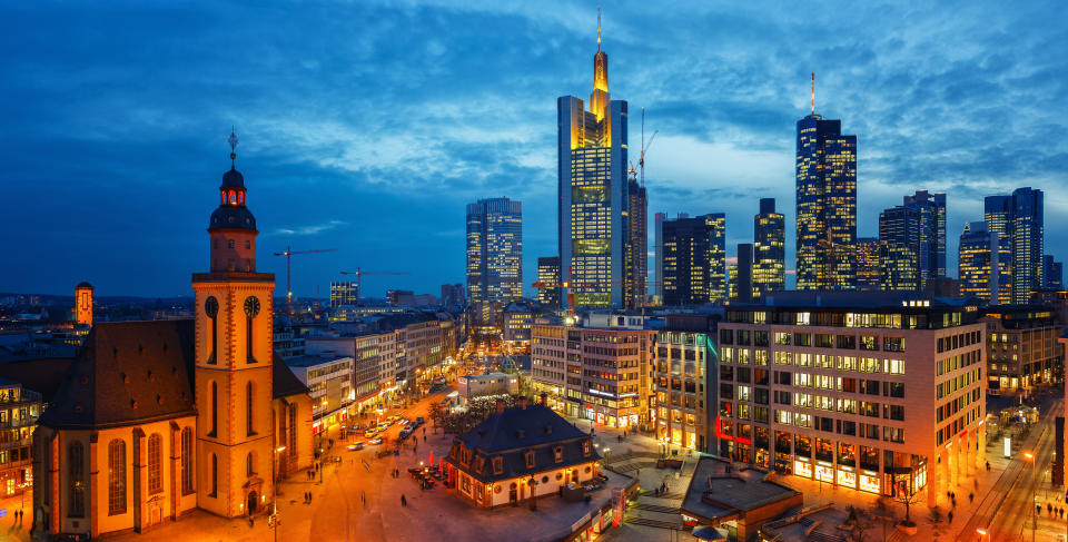 Panoramic view on Frankfurt am Main at dusk, Germany