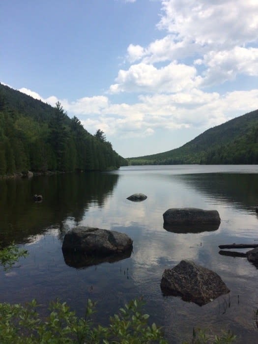 Large boulders dot the surface of a lake in Acadia national park.