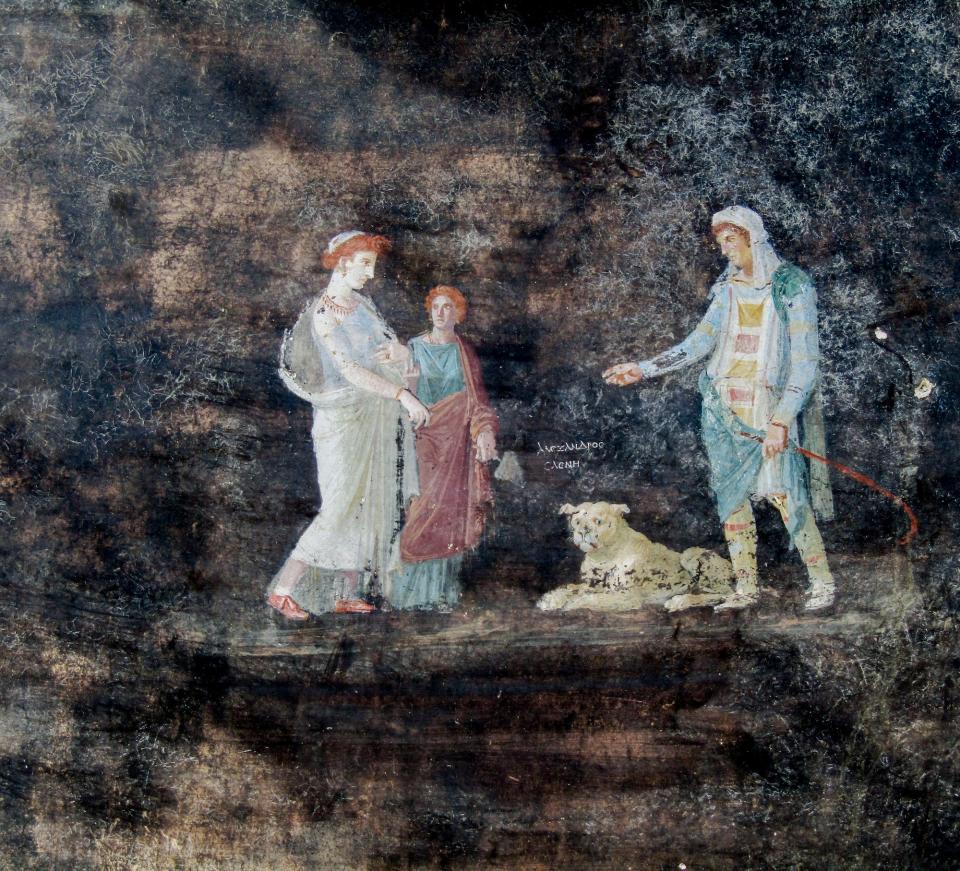 A fresco on a black background showing Helen of Troy and her servant along with a dog and Prince Paris