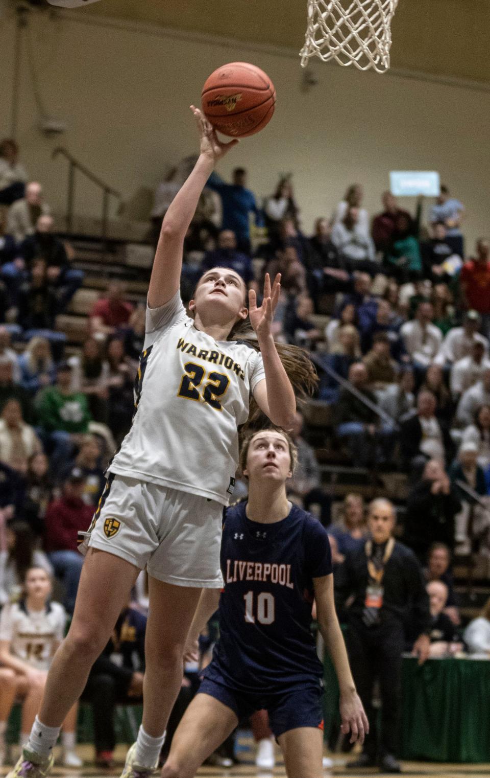 Simone Pelish Our Lady of Lourdes scores two of her game high 33 points as Lourdes defeated Liverpool 69-54 in the New York State girls Class AAA basketball championship game at Hudson Valley Community College in Troy March 17, 2024.