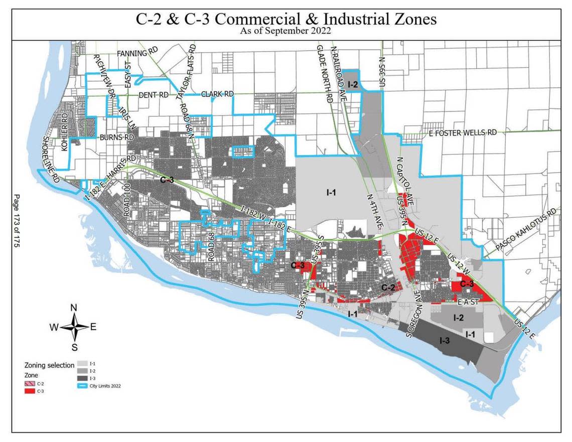 A map shows the commercial and industrial zoning that the city council has considered allowing retail cannabis businesses in. Pasco’s downtown lies within C2 zoning. This map does not reflect the direction the city council voted in favor of Tuesday night.