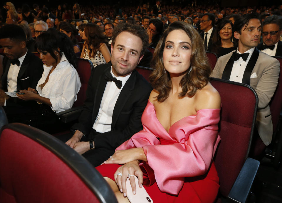 Taylor Goldsmith, left, and Mandy Moore in the audience at the 71st Primetime Emmy Awards on Sunday, Sept. 22, 2019, at the Microsoft Theater in Los Angeles. (Photo by Danny Moloshok/Invision for the Television Academy/AP Images)