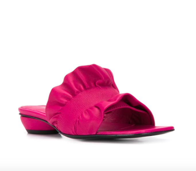 pink sandals, square toe sandals, Dora Teymur Ruched Square Toe Sandals