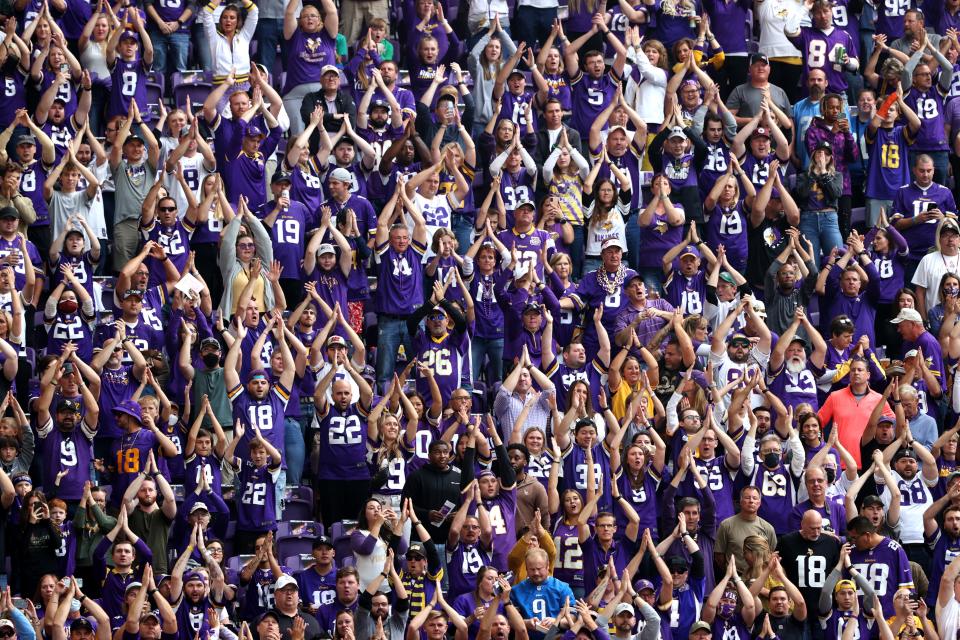 Minnesota Vikings fans chant during the game against the Detroit Lions at U.S. Bank Stadium on Oct. 10, 2021 in Minneapolis, Minn.
