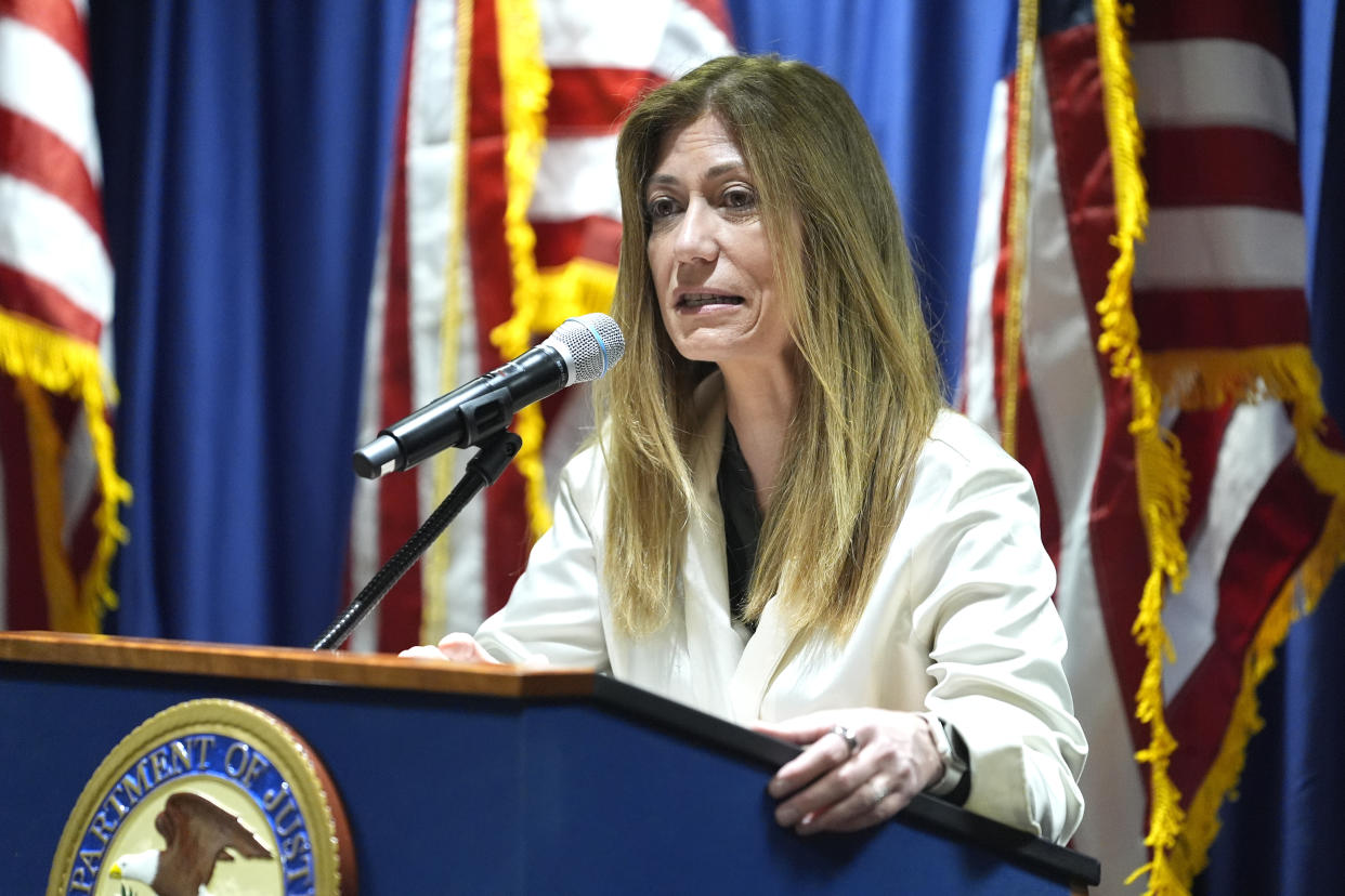 Drug Enforcement Administration Administrator Anne Milgram speaks about a drug trafficking case during a press conference at Federal Plaza in New York, Monday, Sept. 30, 2024. (AP Photo/Pamela Smith)