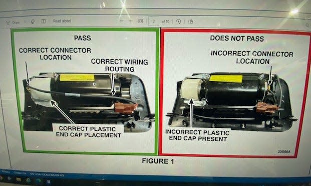 Ford distributed an image to its dealer network showing the right and wrong way to install an airbag in the 2004-06 Ford Ranger pickup, which was recalled in 2023 because replacement airbags had been may have been installed improperly.