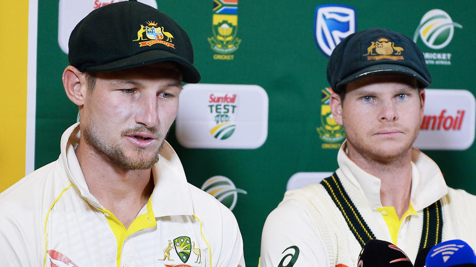 Cameron Bancroft (pictured left) speaking to the media and then captain Steve Smith (pictured right) looking dejected.