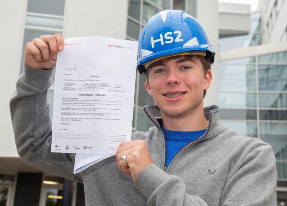 Walsall College T-level student Jake Flood celebrates achieving a distinction (Walsall College/PA)