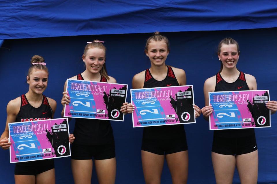 The Roland-Story girls sprint medley team of (L to R) Adalyn Sporleder, Kennedy Petersen, Kamryn Lande and Lauryn Kilstofte qualified for state at the Class 2A state qualifying meet in Dike Thursday. The Norse girls ended up qualifying for state in six events.