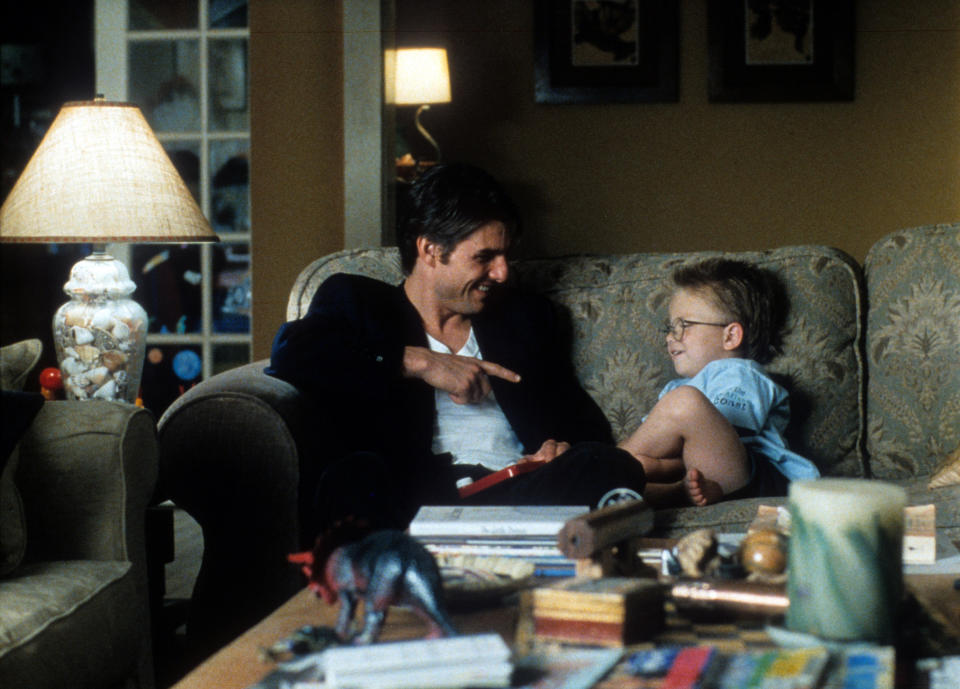 Tom Cruise points to Jonathan Lipnicki in a scene from the film 'Jerry Maguire', 1996. (Photo by TriStar/Getty Images)