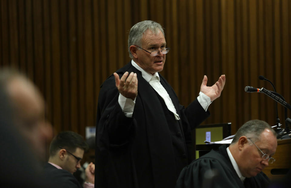 Defense attorney for Oscar Pistorius questions a witness about the events surrounding the shooting death of Pistorius' girlfriend Reeva Steenkamp, in court during his trial in Pretoria, South Africa, Tuesday, March 11, 2014. Pistorius is charged with the shooting death of Steenkamp, on Valentines Day in 2013. (AP Photo/Kevin Sutherland, Pool)