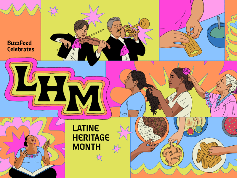 BuzzFeed celebrates Latine Heritage Month with illustrations of musicians, traditional foods, and women in cultural attire performing various activities