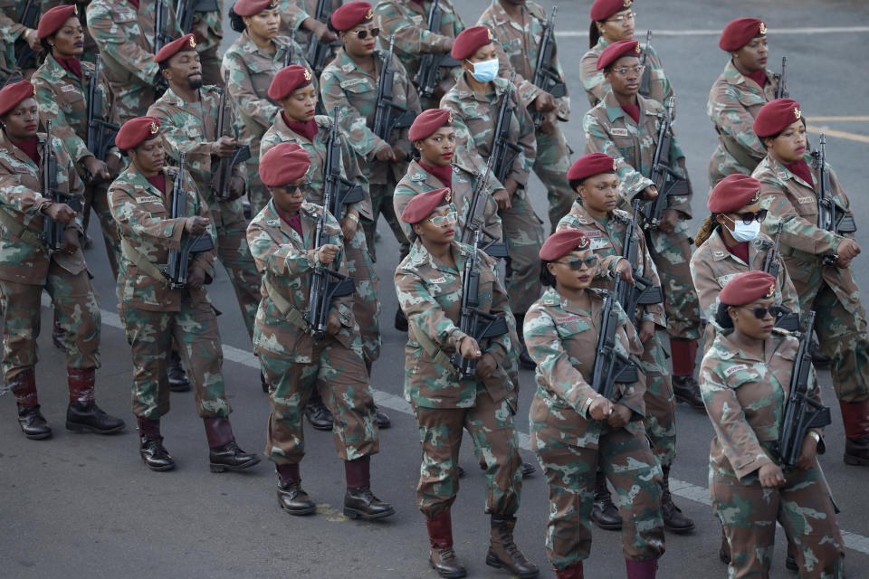 South African military members arrive ahead of the inauguration of South Africa's Cyril Ramaphosa as President at the Union Buildings in Tshwane, South Africa, Wednesday, June 19, 2024. (Phill Magakoe/Pool Photo via AP)