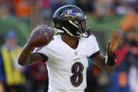 Baltimore Ravens quarterback Lamar Jackson passes during the second half of NFL football game against the Cincinnati Bengals, Sunday, Nov. 10, 2019, in Cincinnati. (AP Photo/Gary Landers)