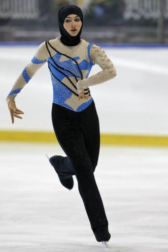 Emirati figure skater Zahra Lari performs during the European Cup, on April 12, in Canazei, northern Italy. The 17-year-old not only became the first figure skater from the Gulf to compete in an international competition but the first to do so wearing the hijab, an Islamic headscarf