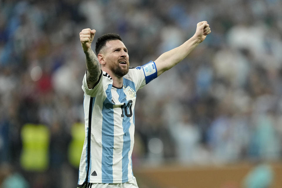 Argentina's Lionel Messi celebrates after scoring his side's third goal during the World Cup final soccer match between Argentina and France at the Lusail Stadium in Lusail, Qatar, Sunday, Dec. 18, 2022. (AP Photo/Martin Meissner)