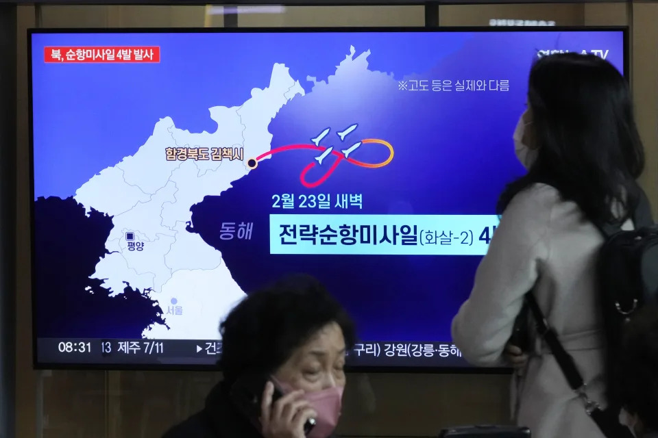 A TV screen displayed at the Seoul Railway Station in Seoul, South Korea, shows a news program reporting on North Korea&#39;s missile launch Friday, Feb. 24, 2023. North Korea on Friday said it test-fired long-range cruise missiles in waters off its eastern coast a day earlier, adding to a provocative streak in weapons demonstrations as its rivals step up military training. (AP Photo/Ahn Young-joon)