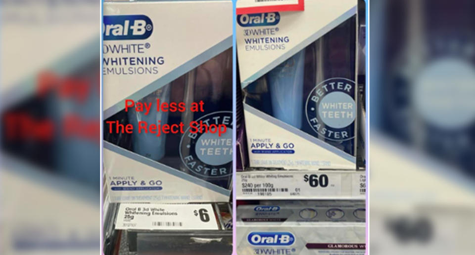 The Oral B tooth whitening kit is priced at $6 at The Reject Shop on the left, whereas it is priced at $60 on the right at Woolworths.