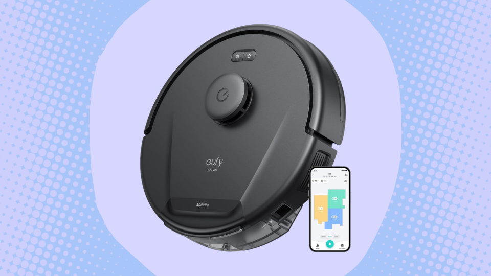 Eufy robot vacuum cleaner next to a phone with the Eufy app on its screen, all against a purple and blue background