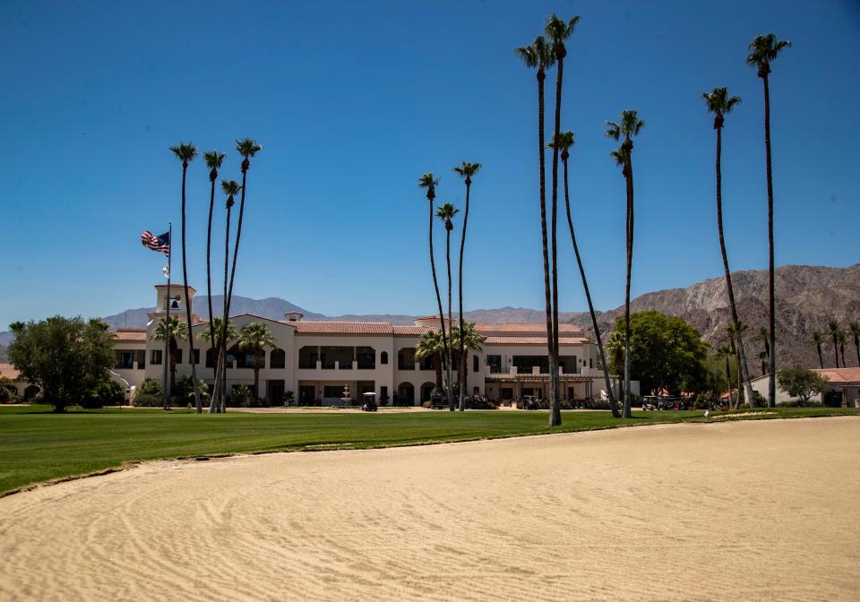 The ninth green is seen dug out for renovations with the clubhouse in the background at La Quinta Country Club in La Quinta, Calif., Friday, June 23, 2023. 