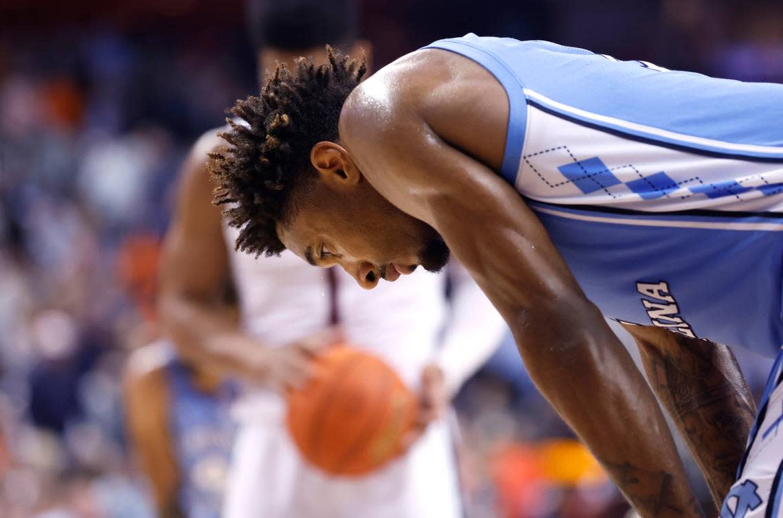 North Carolina’s Leaky Black (1) looks down as Virginia prepares to shoot free throws in the final seconds of Virginia’s 68-59 victory over UNC in the quarterfinals of the ACC Men’s Basketball Tournament in Greensboro, N.C., Thursday, March 9, 2023.