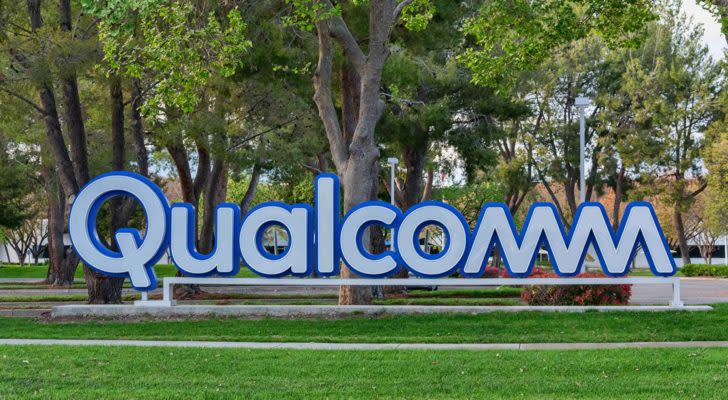 Qualcomm (QCOM) sign near Qualcomm Research Silicon Valley office of San Diego based chip and semiconductor company