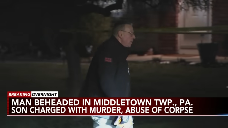 Breaking news overlay with text summarizing a crime report in Middletown Township, PA