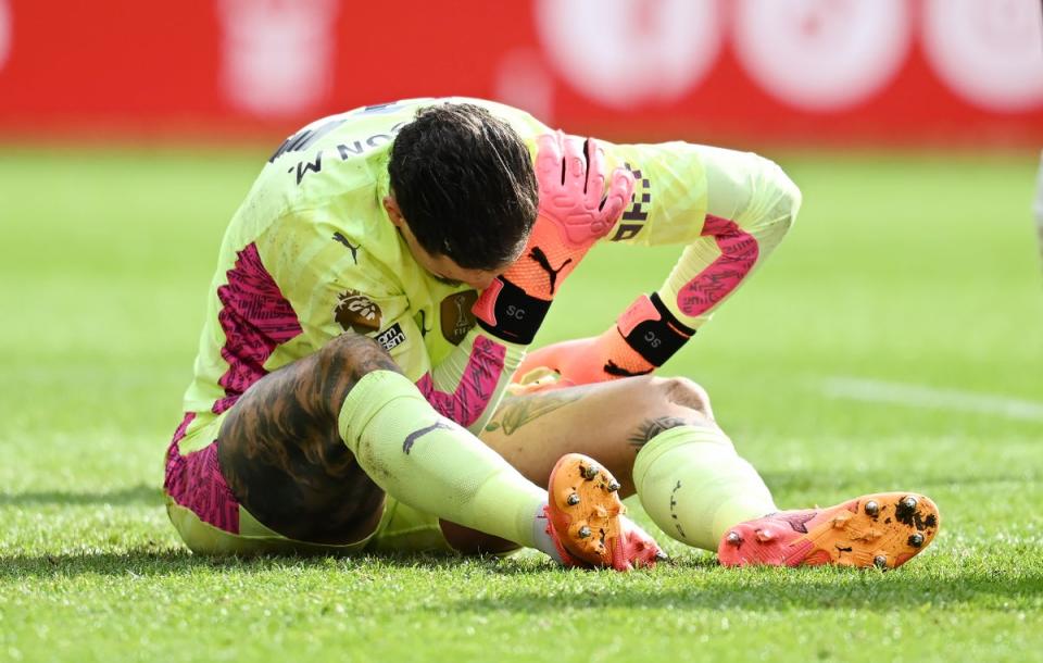 Fresh setback: Ederson went off at half-time during Manchester City’s win over Nottingham Forest (Getty Images)