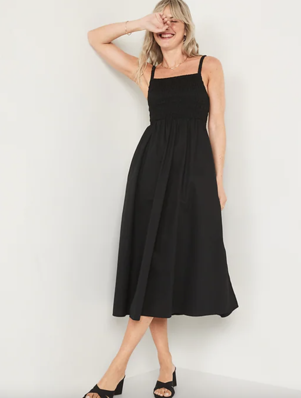 Fit & Flare Sleeveless Cotton-Poplin Smocked-Bodice Midi Dress (Photo via Old Navy)