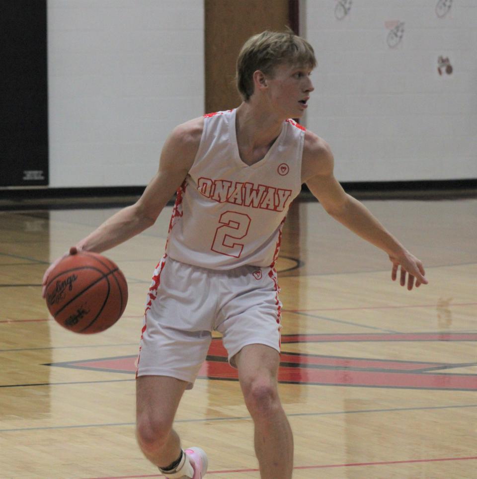 Senior Jadin Mix (2) became the seventh player in Onaway boys basketball history to reach 1,000 career points during a home victory over Gaylord St. Mary on Wednesday.