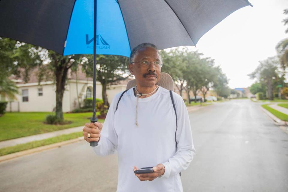 Bennie Perdue, who was diagnosed with prediabetes in 1997, enrolled in the nationwide Diabetes Prevention Program DPP study and learned to adopt a healthier lifestyle to prevent diabetes. He walks regularly around his neighborhood in Pembroke Pines.