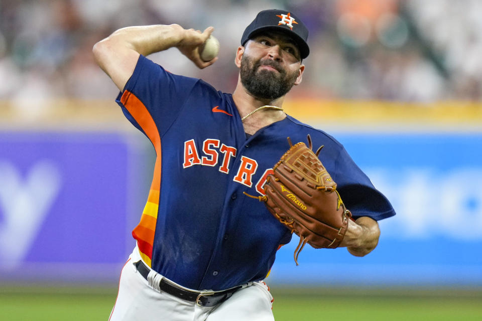 Houston Astros starting pitcher Jose Urquidy delivers during the first inning of a baseball game against the Los Angeles Angels, Sunday, Aug. 13, 2023, in Houston. (AP Photo/Eric Christian Smith)