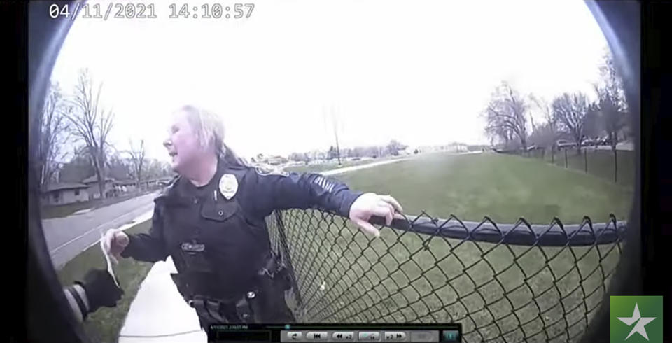 In this screen grab police body cam video is shown in court on Friday, Dec. 10, 2021 at Hennepin County Courthouse in Minneapolis, Minn., former Brooklyn Center police Officer Kim Potter reacts after a traffic stop in which Daunte Wright was shot on April 11, 2021. Potter is charged with first- and second-degree manslaughter in the April 11 shooting of Wright, a 20-year-old Black motorist, following a traffic stop in the Minneapolis suburb of Brooklyn Center. (Court TV, via AP, Pool)