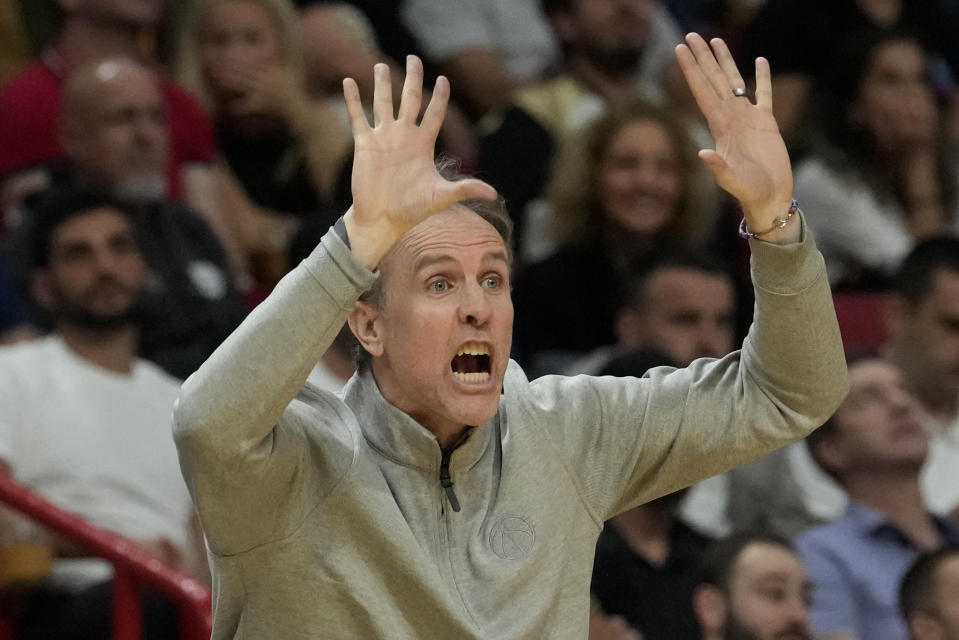 Washington Wizards interim head coach Brian Keefe watches during the second half of an NBA basketball game against the Miami Heat, Sunday, March 10, 2024, in Miami. (AP Photo/Lynne Sladky)