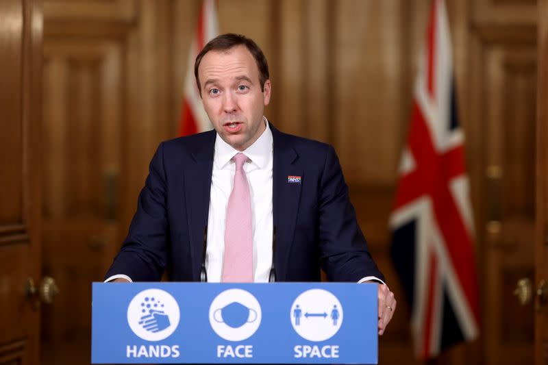 Britain's Health Secretary Matt Hancock attends a media briefing at Downing Street, amid the coronavirus disease (COVID-19) outbreak, in London