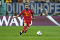 Spain's Dani Carvajal controls the ball during the World Cup group E soccer match between Spain and Germany, at the Al Bayt Stadium in Al Khor , Qatar, Sunday, Nov. 27, 2022. (AP Photo/Julio Cortez)